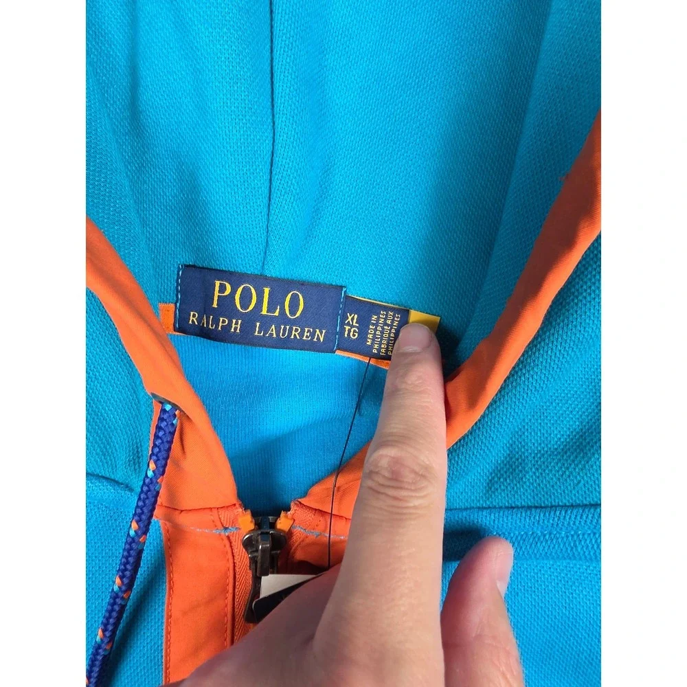 Polo Ralph Lauren Hoodie Men XL Blue Colorblock Quarter Zip Sweatshirt Pocket